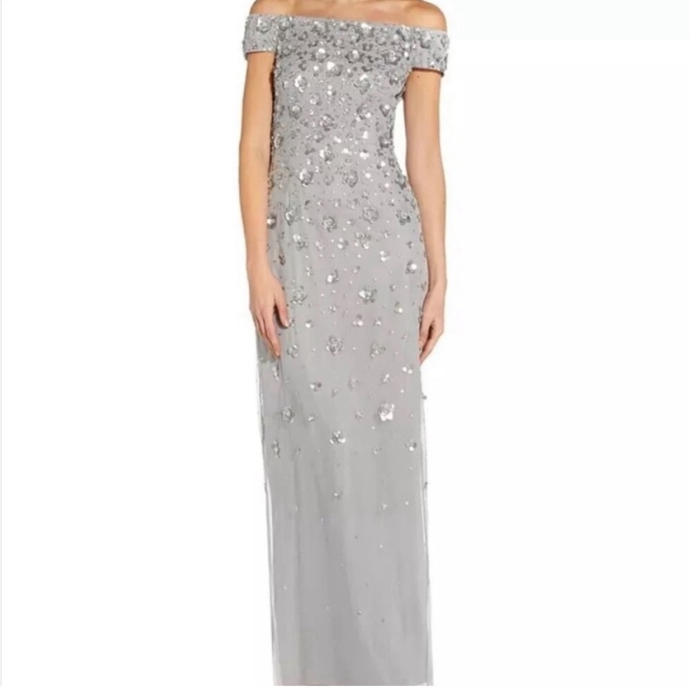 NWT Adrianna Papell silver/fog evening gown